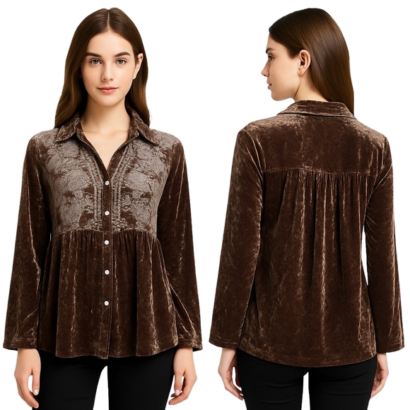 April Sky Tops - APRIL SKY Velvet Babydoll Top Womens Small Brown Embroidered Whimsigoth
